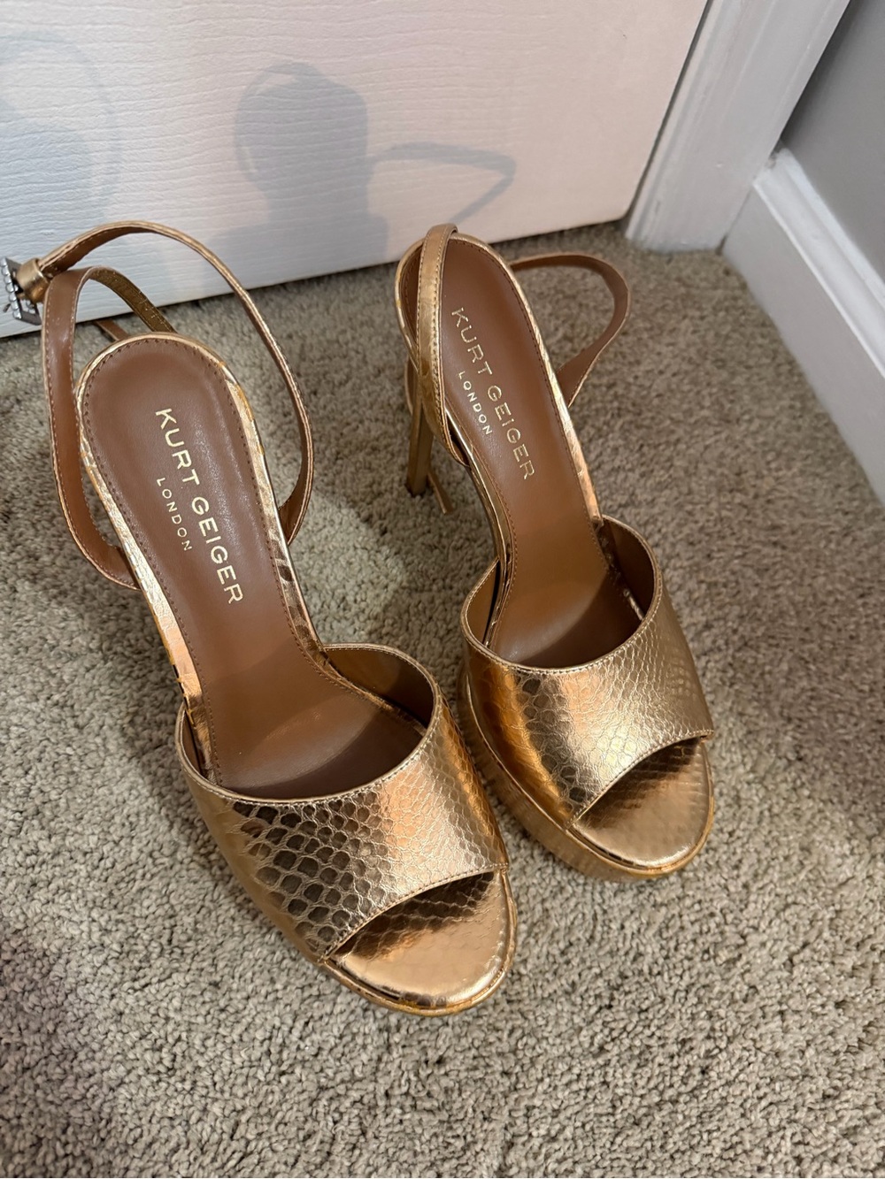 Kurt Geiger Metallic Gold Snake-Embossed Heeled Sandals